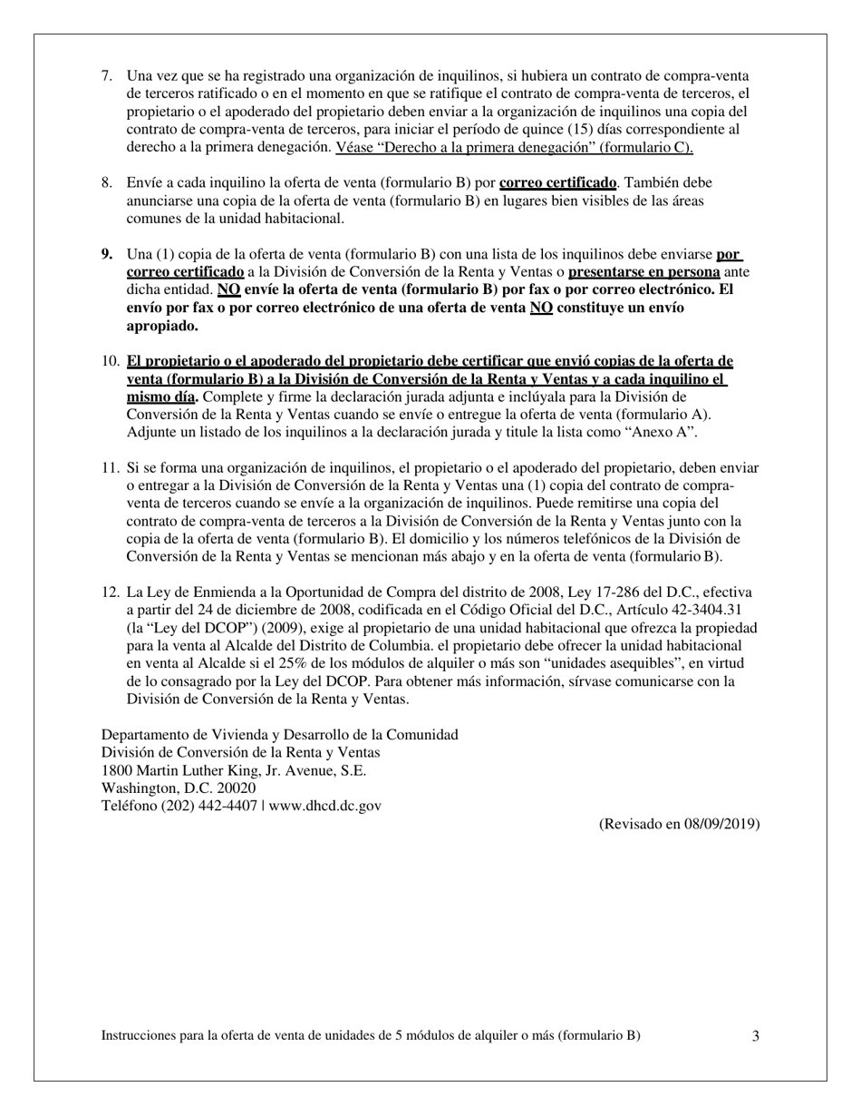 Formulario B Oferta De Venta Y Oportunidad De Compra Para Inquilinos Sin Un Contrato De Venta De Terceros Para Alojamientos De Vivienda Con Cinco (5) O Mas Unidades De Alquiler - Washington, D.C. (Spanish), Page 3