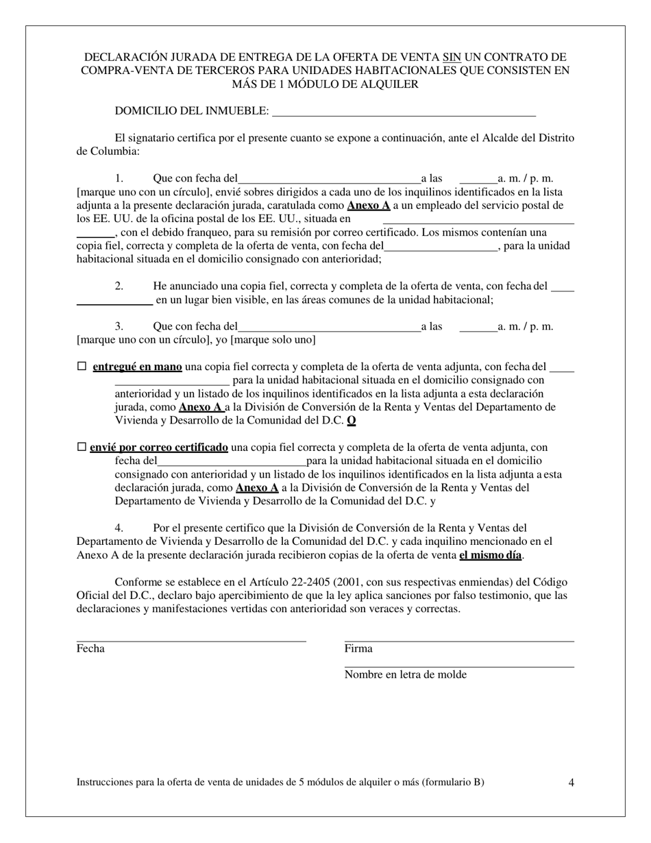 Formulario B Oferta De Venta Y Oportunidad De Compra Para Inquilinos Sin Un Contrato De Venta De Terceros Para Alojamientos De Vivienda Con Cinco (5) O Mas Unidades De Alquiler - Washington, D.C. (Spanish), Page 4