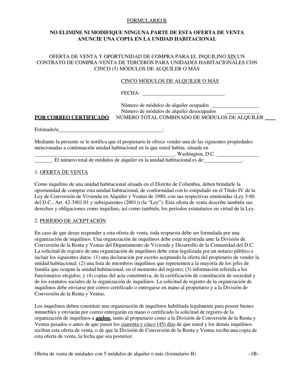 Formulario B Oferta De Venta Y Oportunidad De Compra Para Inquilinos Sin Un Contrato De Venta De Terceros Para Alojamientos De Vivienda Con Cinco (5) O Mas Unidades De Alquiler - Washington, D.C. (Spanish), Page 5