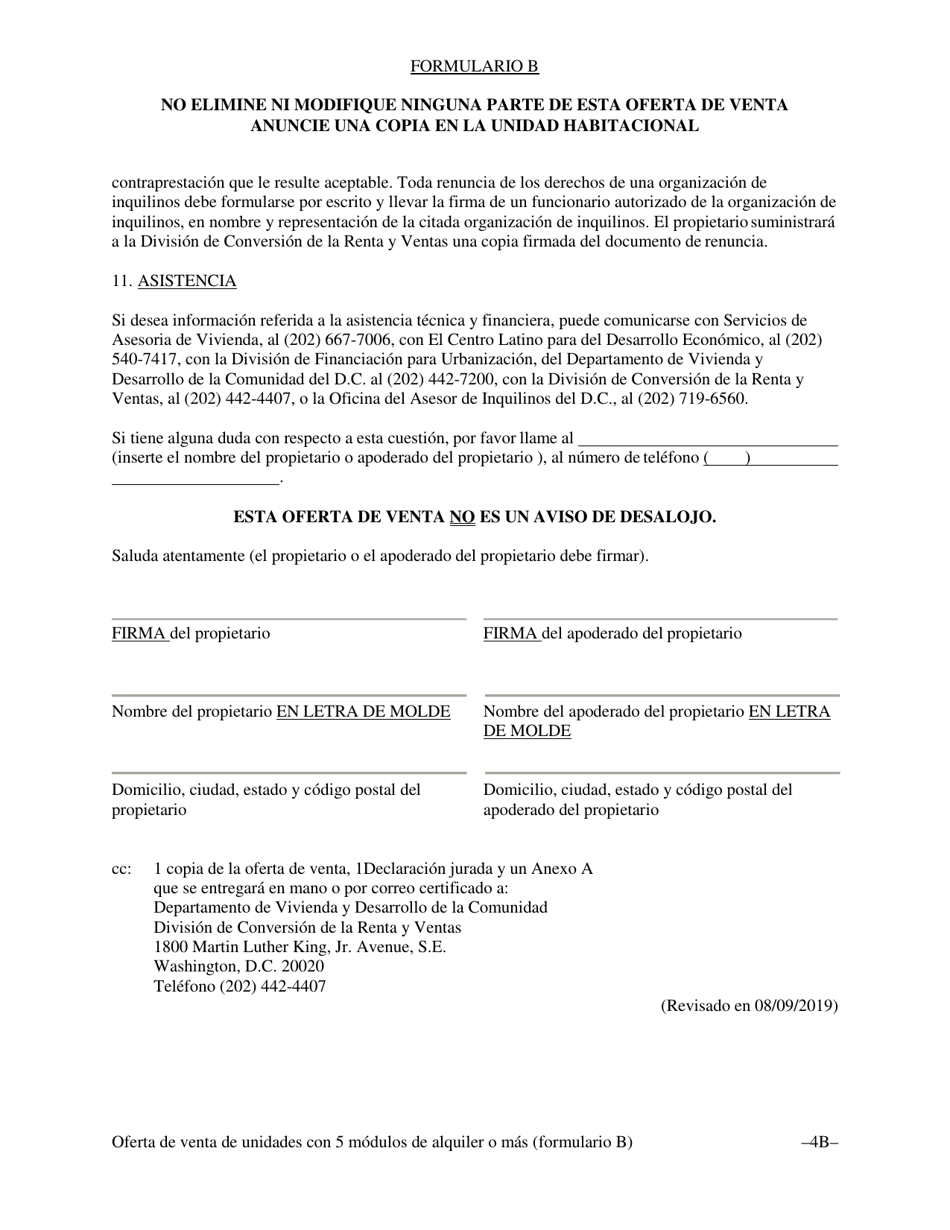 Formulario B Oferta De Venta Y Oportunidad De Compra Para Inquilinos Sin Un Contrato De Venta De Terceros Para Alojamientos De Vivienda Con Cinco (5) O Mas Unidades De Alquiler - Washington, D.C. (Spanish), Page 8