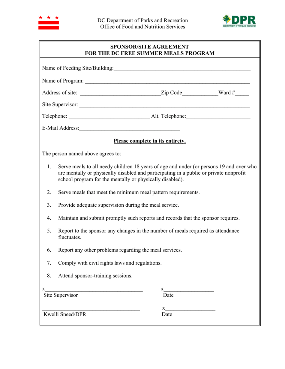 Sponsor / Site Agreement for the Dc Free Summer Meals Program - Washington, D.C., Page 1