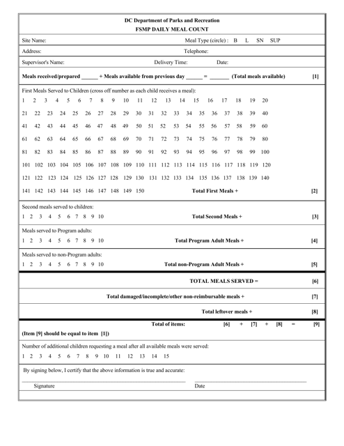 Fsmp Daily Meal Count Form - Washington, D.C.