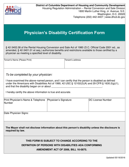 Physician's Disability Certification Form - Washington, D.C. Download Pdf