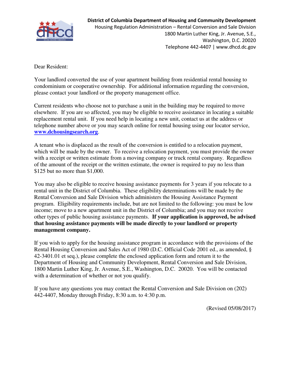 Washington, D.C. Housing Assistance Payment Application for Tenants