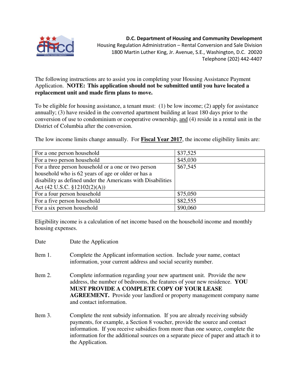 Housing Assistance Payment Application for Tenants Displaced by Condominium or Cooperative Conversion - Washington, D.C., Page 2