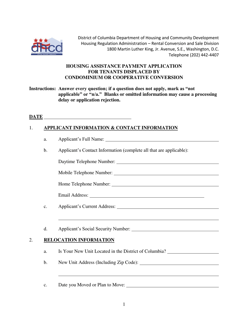 Housing Assistance Payment Application for Tenants Displaced by Condominium or Cooperative Conversion - Washington, D.C., Page 5