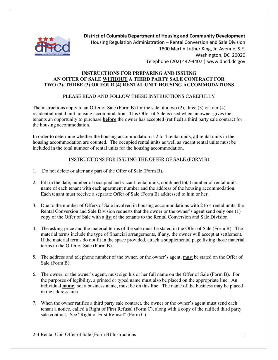 Form B Offer of Sale  Tenant Opportunity to Purchase Without a Third Party Sale Contract for Housing Accommodations With Two, Three or Four Rental Units - Washington, D.C., Page 1
