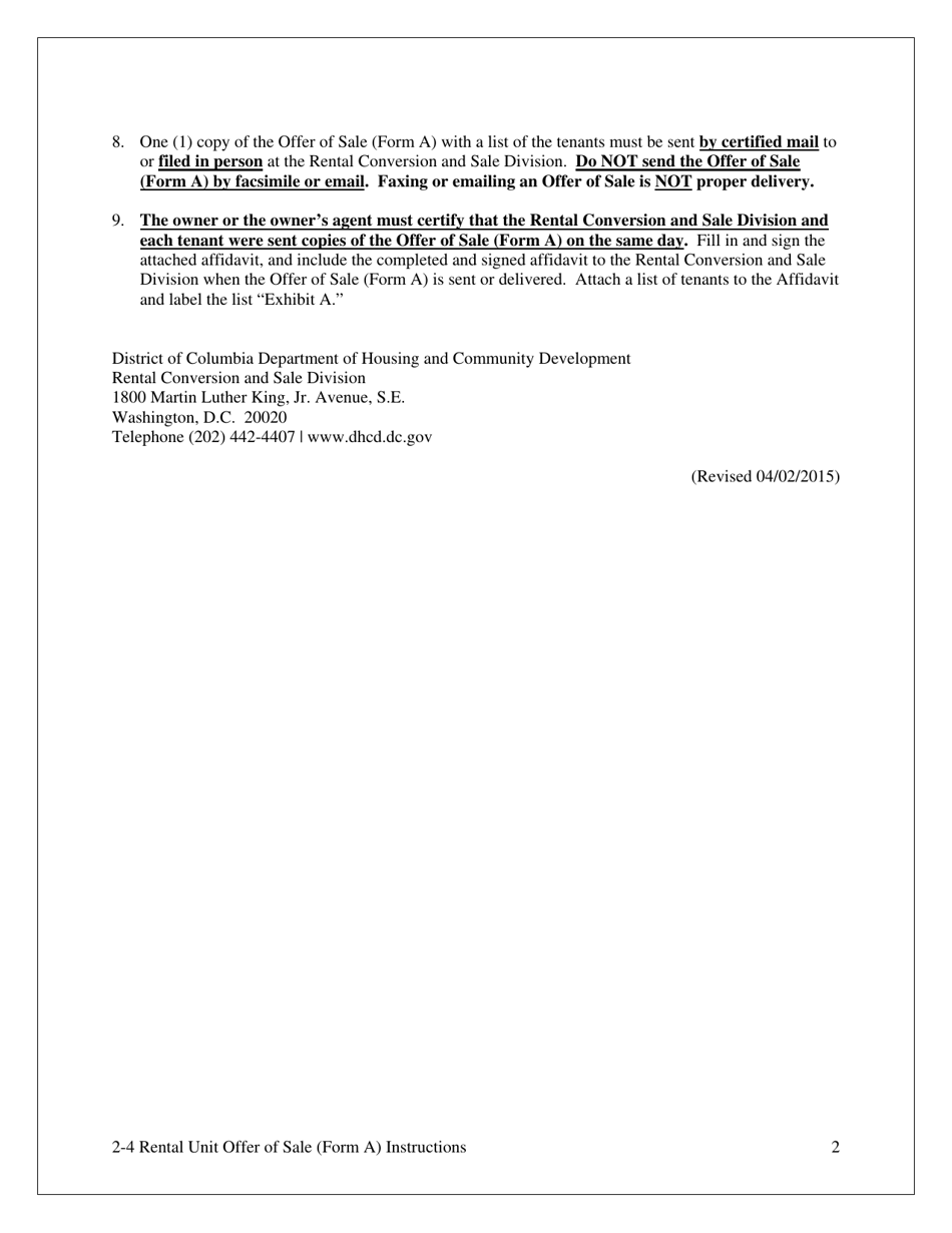 Form A Offer of Sale  Tenant Opportunity to Purchase With a Third Party Sale Contract for Housing Accommodations With Two, Three or Four Rental Units - Washington, D.C., Page 2