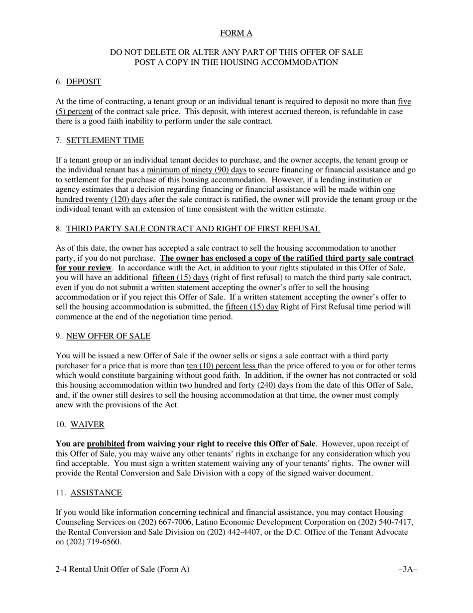 Form A Offer of Sale  Tenant Opportunity to Purchase With a Third Party Sale Contract for Housing Accommodations With Two, Three or Four Rental Units - Washington, D.C., Page 6