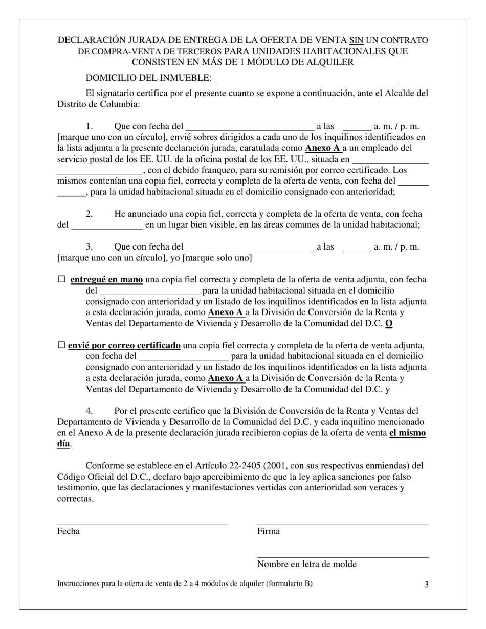 Formulario B Oferta De Venta Y Oportunidad De Compra Para El Inquilino Sin Un Contrato De Compra-Venta De Terceros Para Unidades Habitacionales Con Dos (2), Tres (3) O Cuatro (4) Modulos De Alquiler - Washington, D.C. (Spanish), Page 3