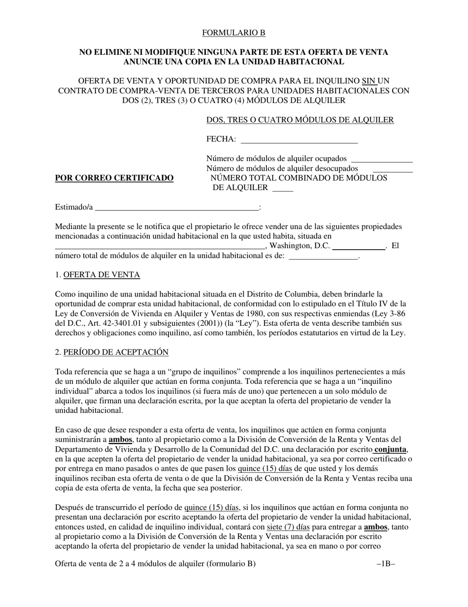 Formulario B Oferta De Venta Y Oportunidad De Compra Para El Inquilino Sin Un Contrato De Compra-Venta De Terceros Para Unidades Habitacionales Con Dos (2), Tres (3) O Cuatro (4) Modulos De Alquiler - Washington, D.C. (Spanish), Page 4