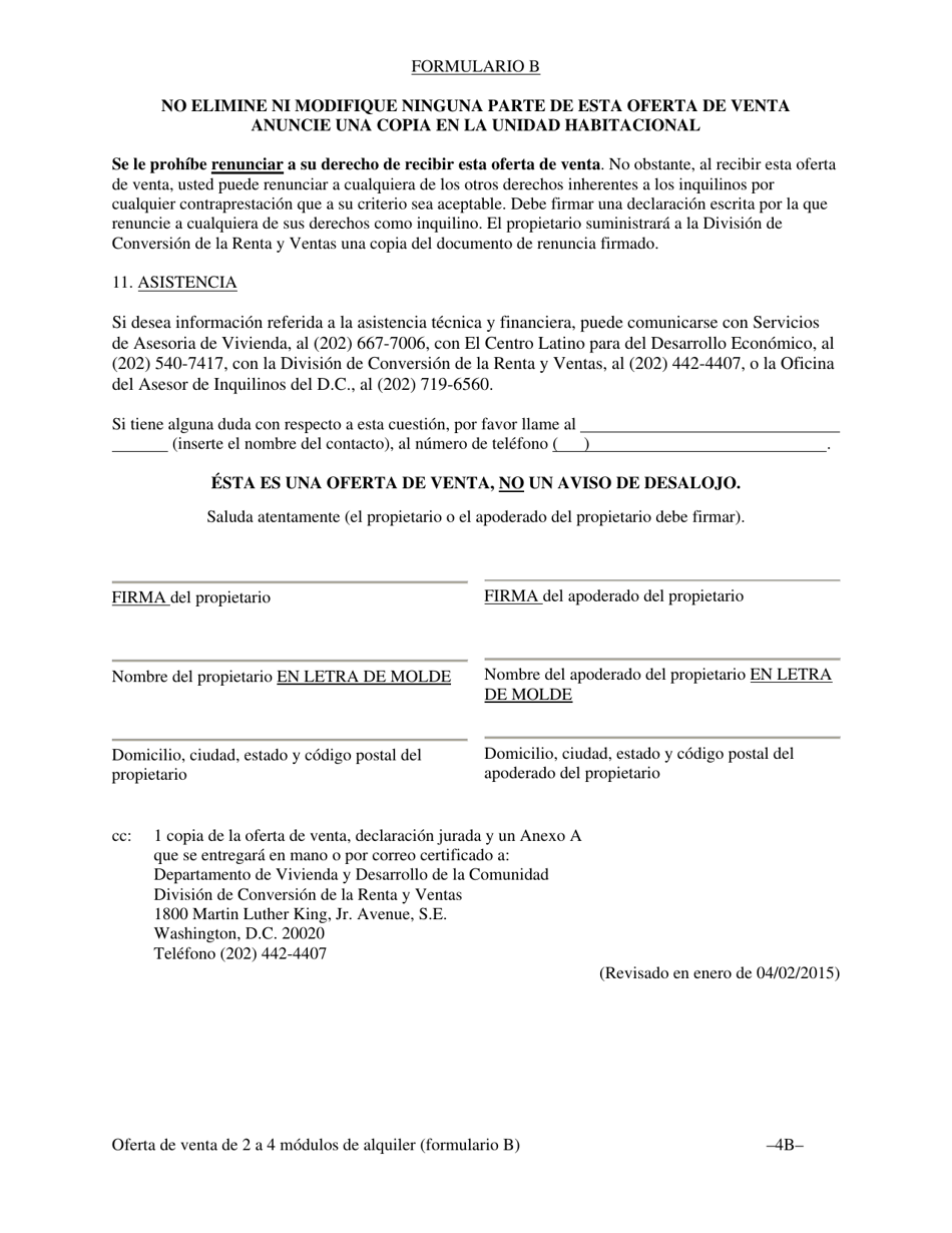 Formulario B Oferta De Venta Y Oportunidad De Compra Para El Inquilino Sin Un Contrato De Compra-Venta De Terceros Para Unidades Habitacionales Con Dos (2), Tres (3) O Cuatro (4) Modulos De Alquiler - Washington, D.C. (Spanish), Page 7