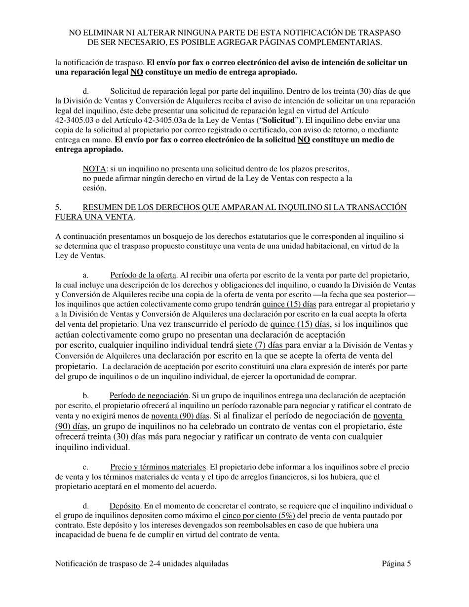 Notificacion De Traspaso De Dominio O De Un Derecho Economico En Una Vivienda Residencial De Dos (2), Tres (3) O Cuatro (4) Unidades Habitacionales Alquiladas - Washington, D.C. (Spanish), Page 13