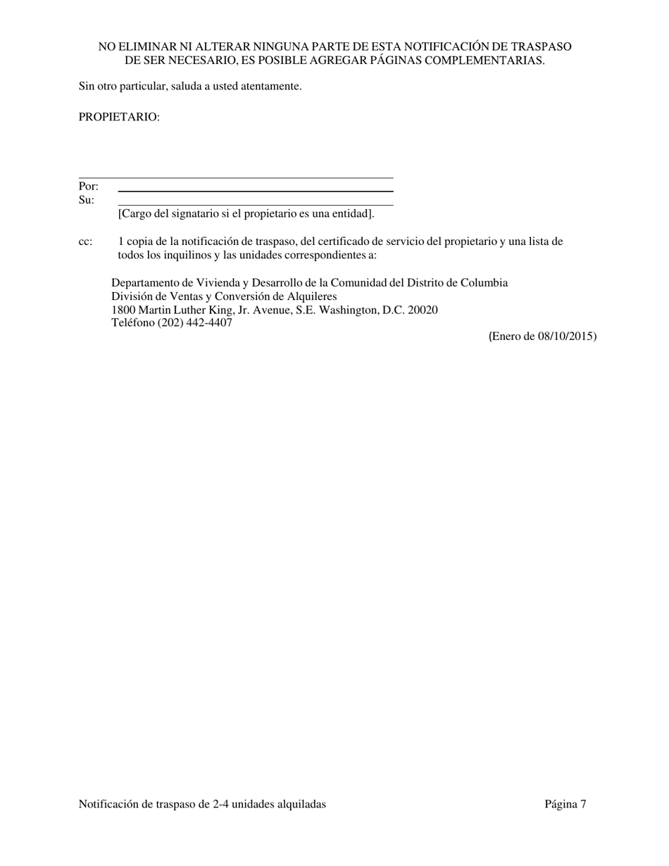 Notificacion De Traspaso De Dominio O De Un Derecho Economico En Una Vivienda Residencial De Dos (2), Tres (3) O Cuatro (4) Unidades Habitacionales Alquiladas - Washington, D.C. (Spanish), Page 15