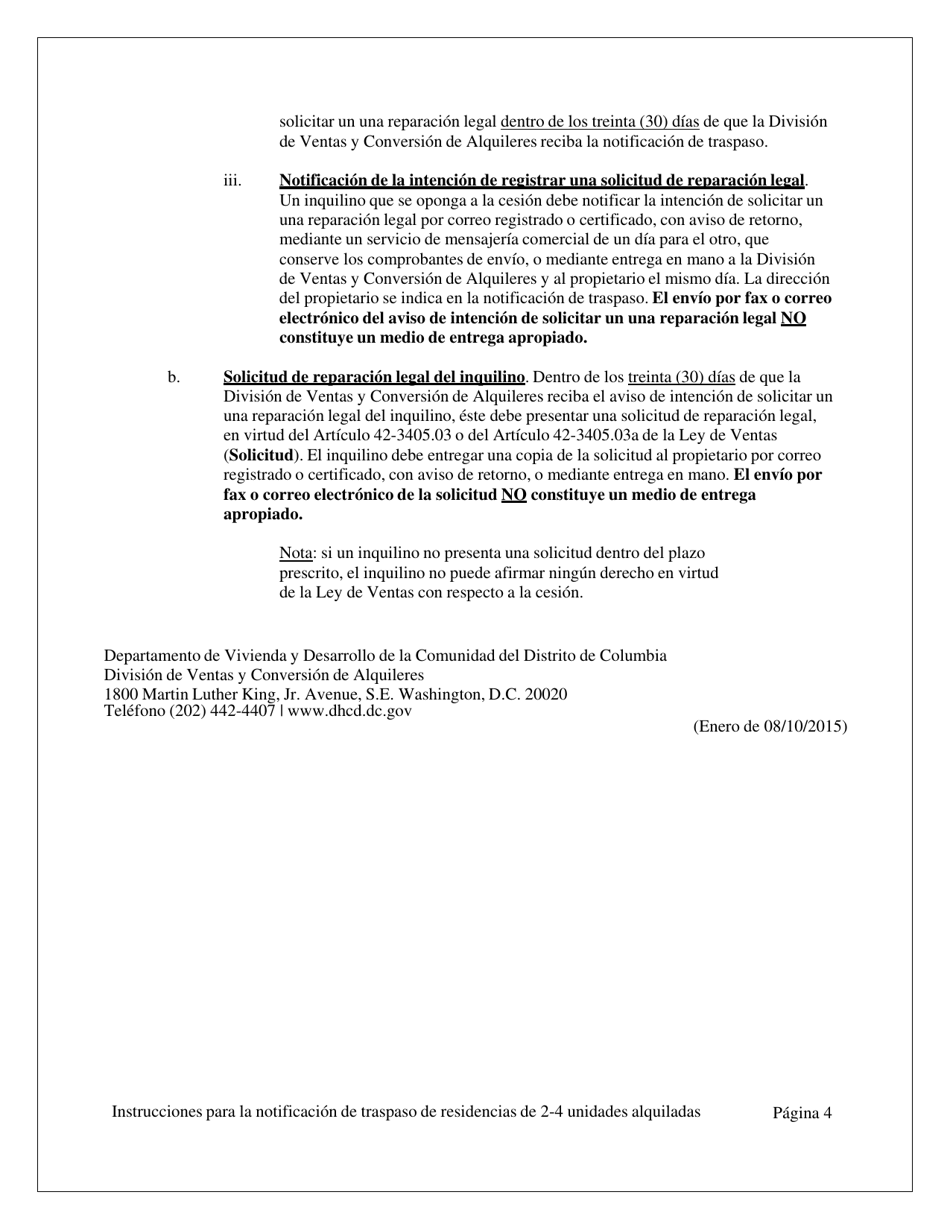 Notificacion De Traspaso De Dominio O De Un Derecho Economico En Una Vivienda Residencial De Dos (2), Tres (3) O Cuatro (4) Unidades Habitacionales Alquiladas - Washington, D.C. (Spanish), Page 4