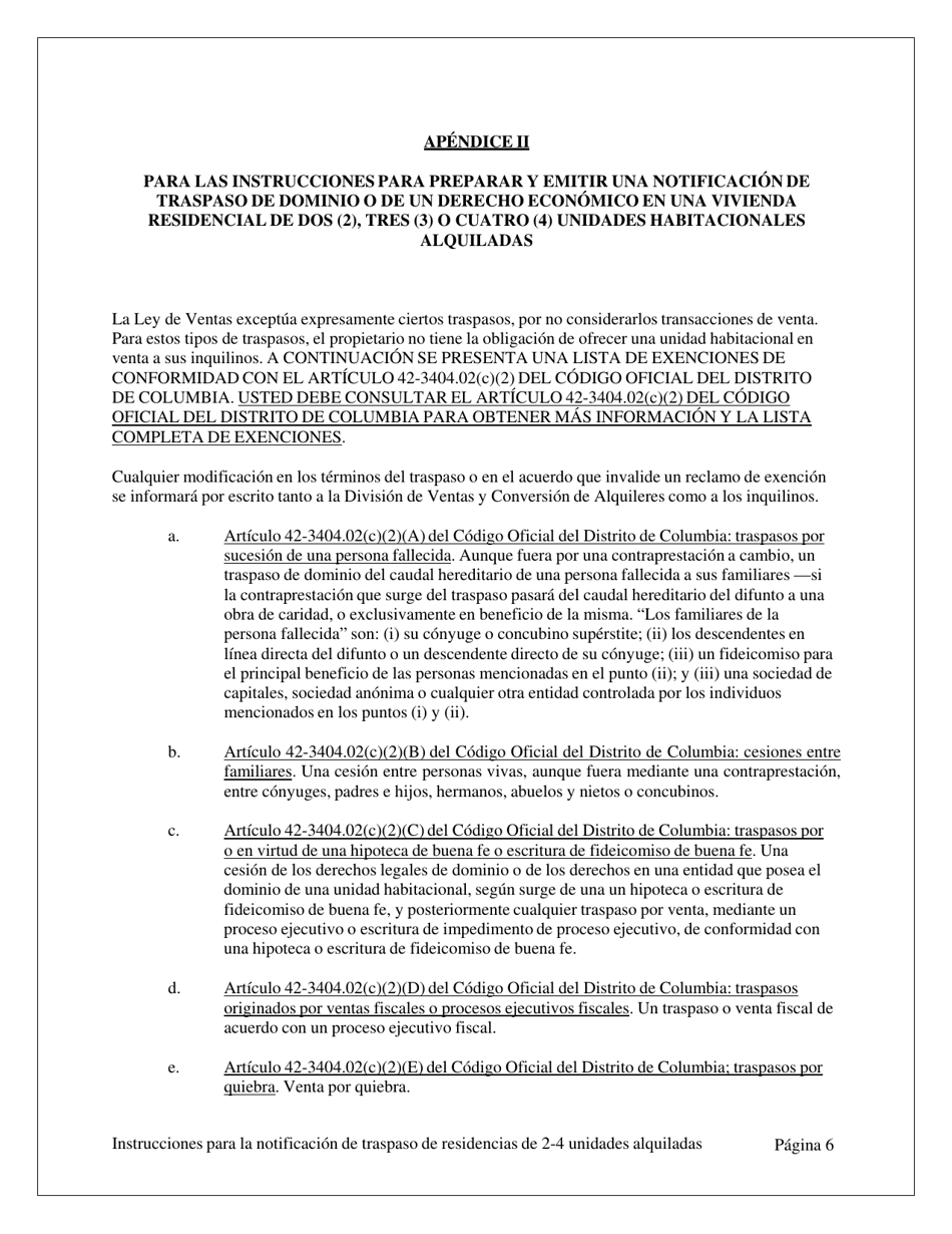 Notificacion De Traspaso De Dominio O De Un Derecho Economico En Una Vivienda Residencial De Dos (2), Tres (3) O Cuatro (4) Unidades Habitacionales Alquiladas - Washington, D.C. (Spanish), Page 6