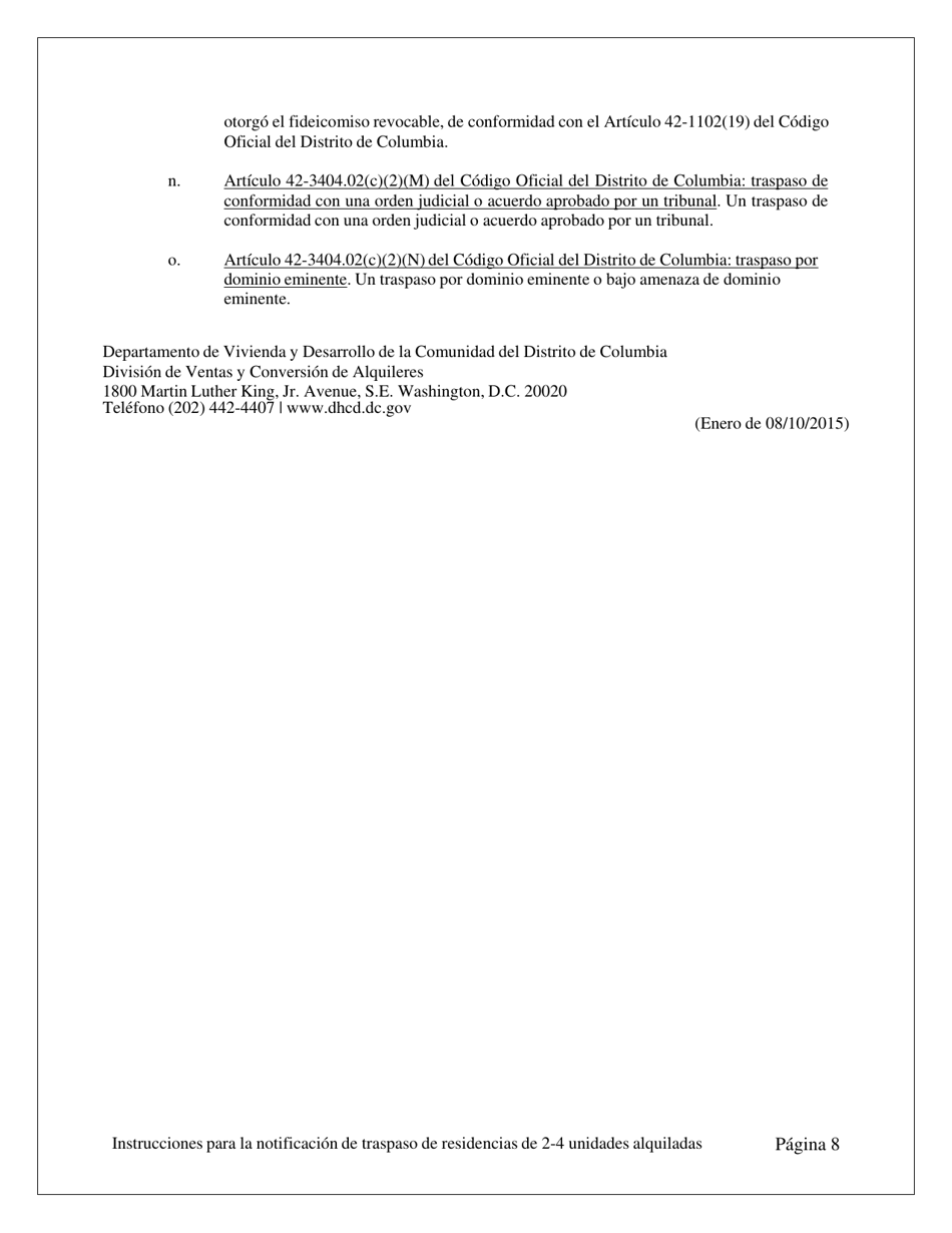 Notificacion De Traspaso De Dominio O De Un Derecho Economico En Una Vivienda Residencial De Dos (2), Tres (3) O Cuatro (4) Unidades Habitacionales Alquiladas - Washington, D.C. (Spanish), Page 8