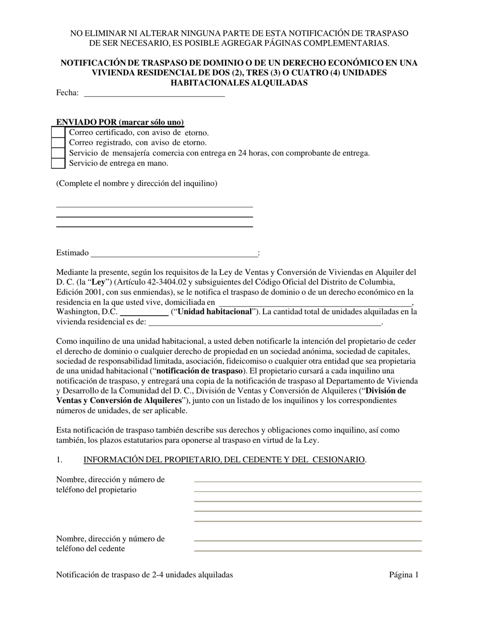 Notificacion De Traspaso De Dominio O De Un Derecho Economico En Una Vivienda Residencial De Dos (2), Tres (3) O Cuatro (4) Unidades Habitacionales Alquiladas - Washington, D.C. (Spanish), Page 9
