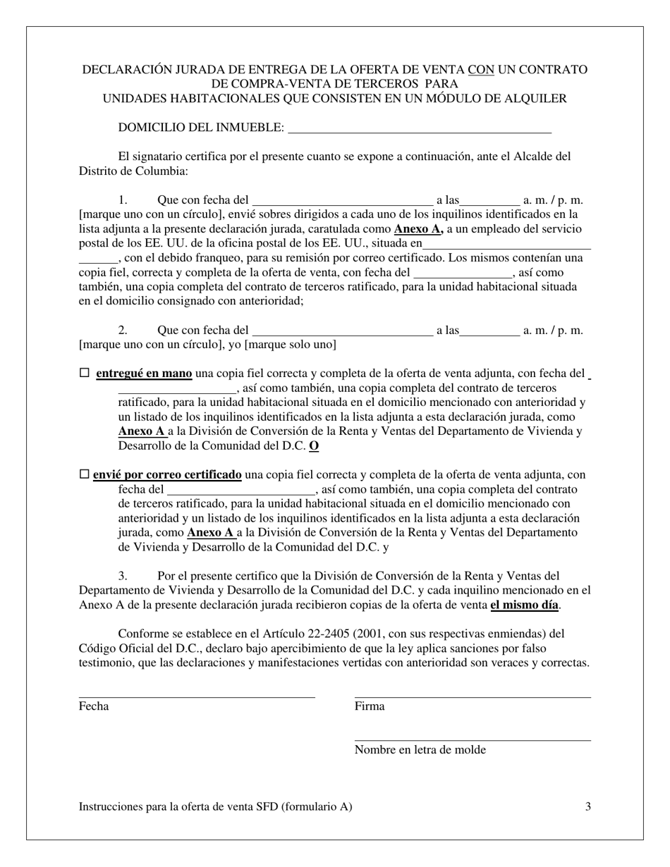 Formulario A Oferta De Venta Y Oportunidad De Compra Para El Inquilino Con Un Contrato De Compra-Venta De Terceros Para Una Vivienda Unifamiliar Alquilada, Un Modulo Unifamiliar De Condominio Alquilado O Un Modulo Unifamiliar De Cooperativa Alquilado - Washington, D.C. (Spanish), Page 3