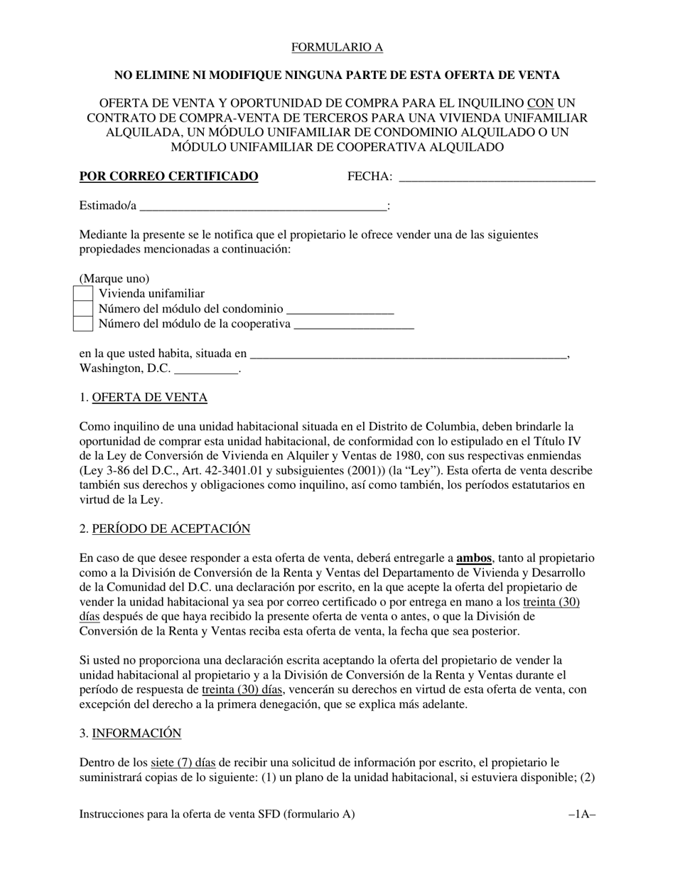 Formulario A Oferta De Venta Y Oportunidad De Compra Para El Inquilino Con Un Contrato De Compra-Venta De Terceros Para Una Vivienda Unifamiliar Alquilada, Un Modulo Unifamiliar De Condominio Alquilado O Un Modulo Unifamiliar De Cooperativa Alquilado - Washington, D.C. (Spanish), Page 4