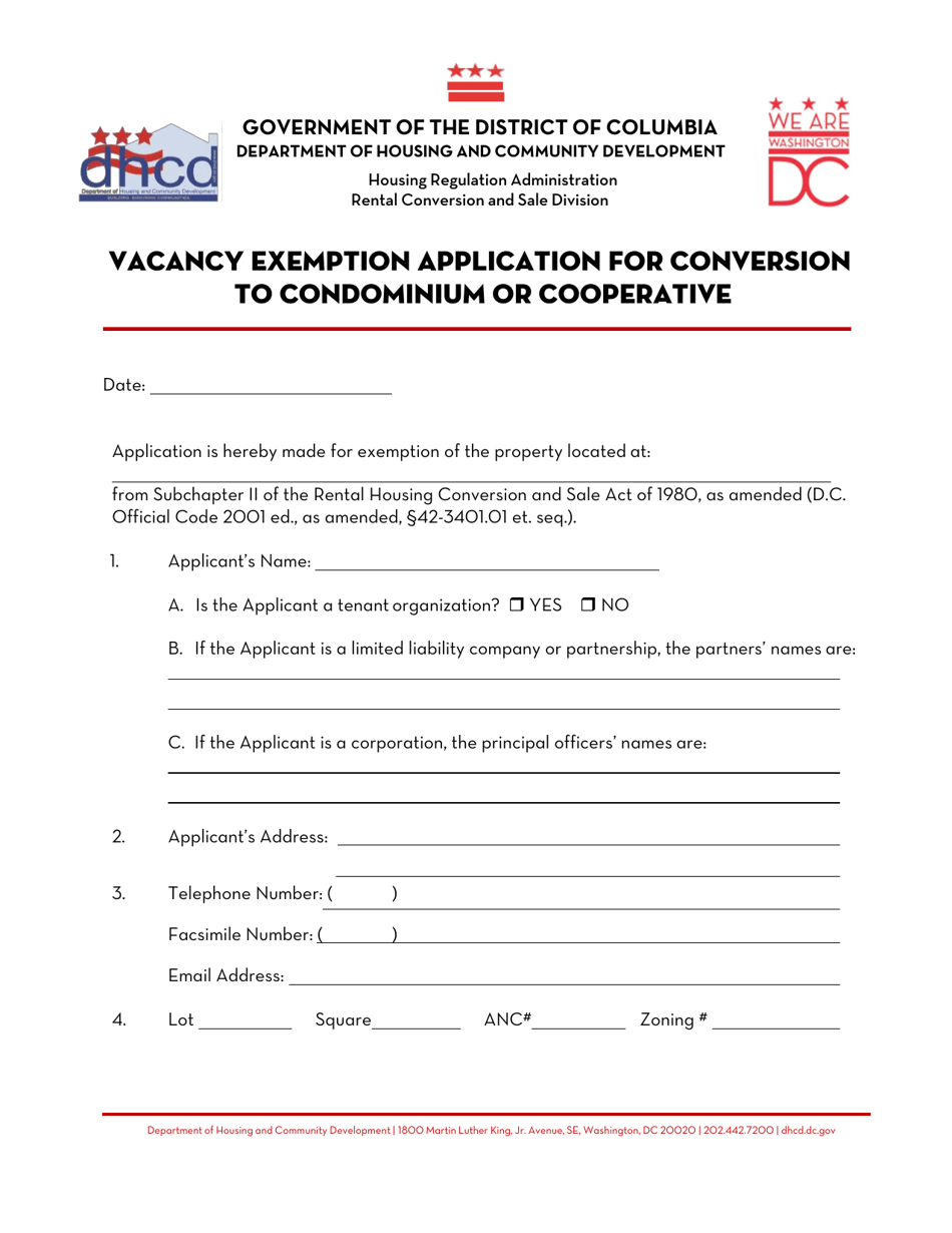 Vacancy Exemption Application for Conversion to Condominium or Cooperative - Washington, D.C., Page 1