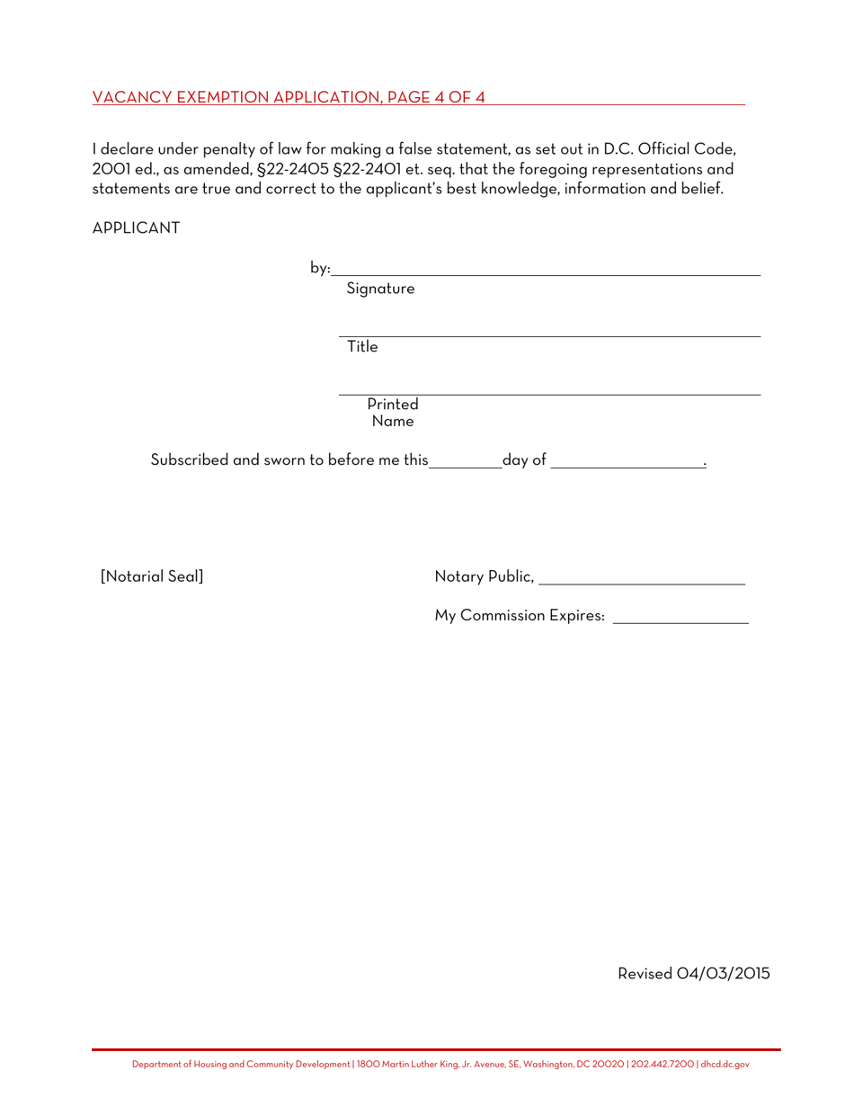 Vacancy Exemption Application for Conversion to Condominium or Cooperative - Washington, D.C., Page 4