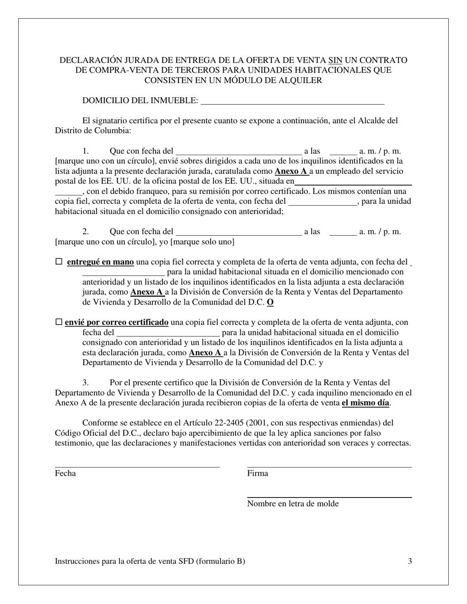 Formulario B Oferta De Venta Y Oportunidad De Compra Para El Inquilino Sin Un Contrato De Compra-Venta De Terceros Para Una Vivienda Unifamiliar Alquilada, Un Modulo Unifamiliar De Condominio Alquilado O Un Modulo Unifamiliar De Cooperativa Alquilado - Washington, D.C. (Spanish), Page 3