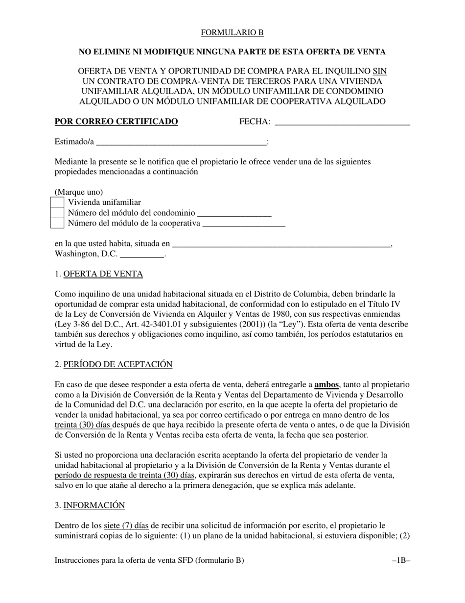 Formulario B Oferta De Venta Y Oportunidad De Compra Para El Inquilino Sin Un Contrato De Compra-Venta De Terceros Para Una Vivienda Unifamiliar Alquilada, Un Modulo Unifamiliar De Condominio Alquilado O Un Modulo Unifamiliar De Cooperativa Alquilado - Washington, D.C. (Spanish), Page 4