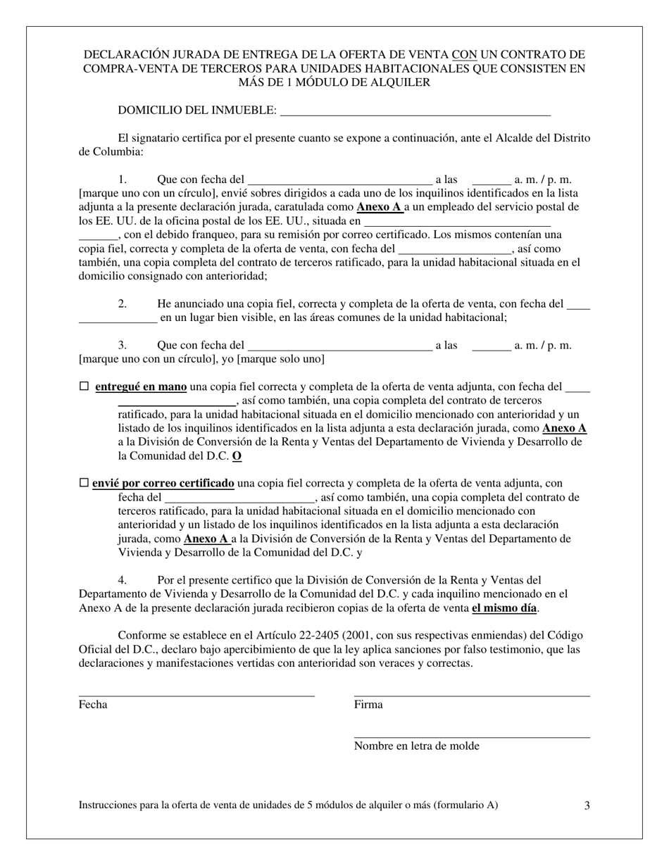 Formulario A Oferta De Venta Y Oportunidad De Compra Para El Inquilino Con Un Contrato De Compra-Venta De Terceros Para Unidades Habitacionales Con Cinco (5) Modulos De Alquiler O Mas - Washington, D.C. (Spanish), Page 3