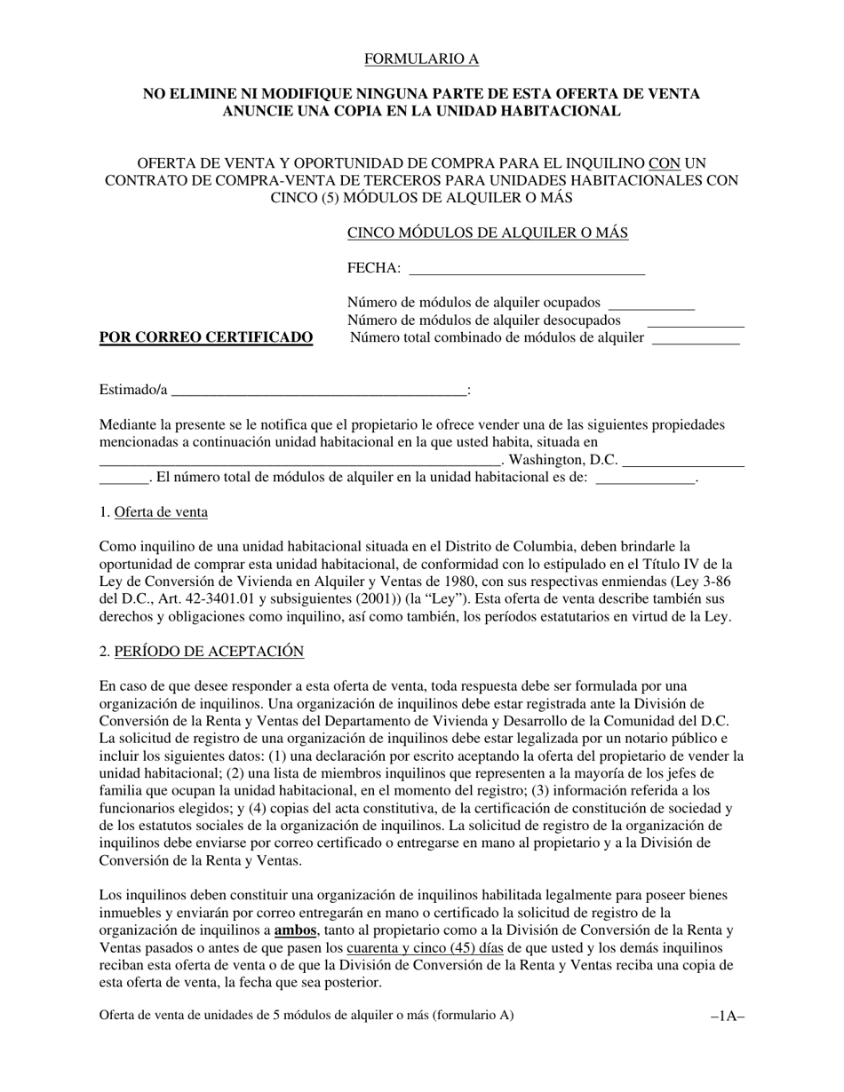 Formulario A Oferta De Venta Y Oportunidad De Compra Para El Inquilino Con Un Contrato De Compra-Venta De Terceros Para Unidades Habitacionales Con Cinco (5) Modulos De Alquiler O Mas - Washington, D.C. (Spanish), Page 4