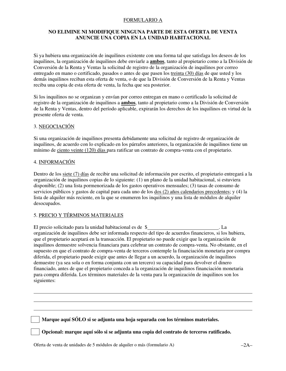 Formulario A Oferta De Venta Y Oportunidad De Compra Para El Inquilino Con Un Contrato De Compra-Venta De Terceros Para Unidades Habitacionales Con Cinco (5) Modulos De Alquiler O Mas - Washington, D.C. (Spanish), Page 5