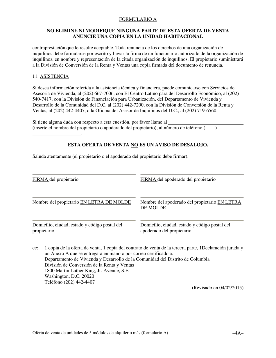 Formulario A Oferta De Venta Y Oportunidad De Compra Para El Inquilino Con Un Contrato De Compra-Venta De Terceros Para Unidades Habitacionales Con Cinco (5) Modulos De Alquiler O Mas - Washington, D.C. (Spanish), Page 7