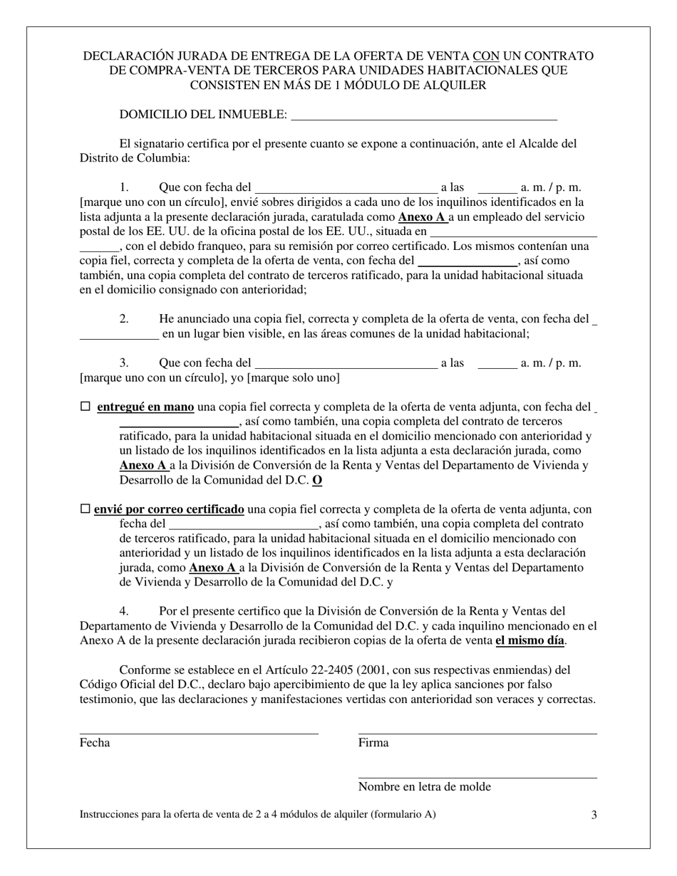 Formulario A Oferta De Venta Y Oportunidad De Compra Para El Inquilino Con Un Contrato De Compra-Venta De Terceros Para Unidades Habitacionales Con Dos (2), Tres (3) O Cuatro (4) Modulos De Alquiler - Washington, D.C. (Spanish), Page 3