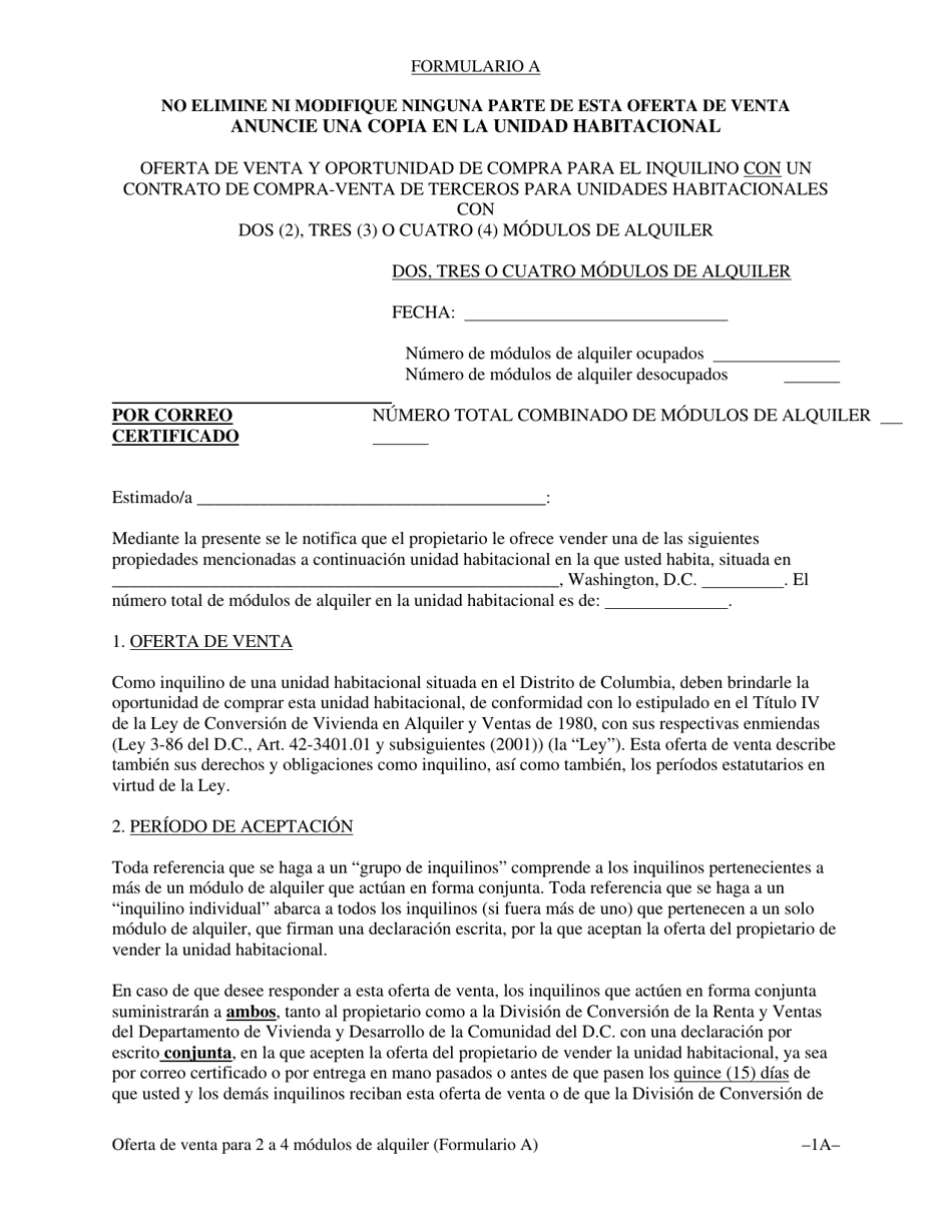 Formulario A Oferta De Venta Y Oportunidad De Compra Para El Inquilino Con Un Contrato De Compra-Venta De Terceros Para Unidades Habitacionales Con Dos (2), Tres (3) O Cuatro (4) Modulos De Alquiler - Washington, D.C. (Spanish), Page 4