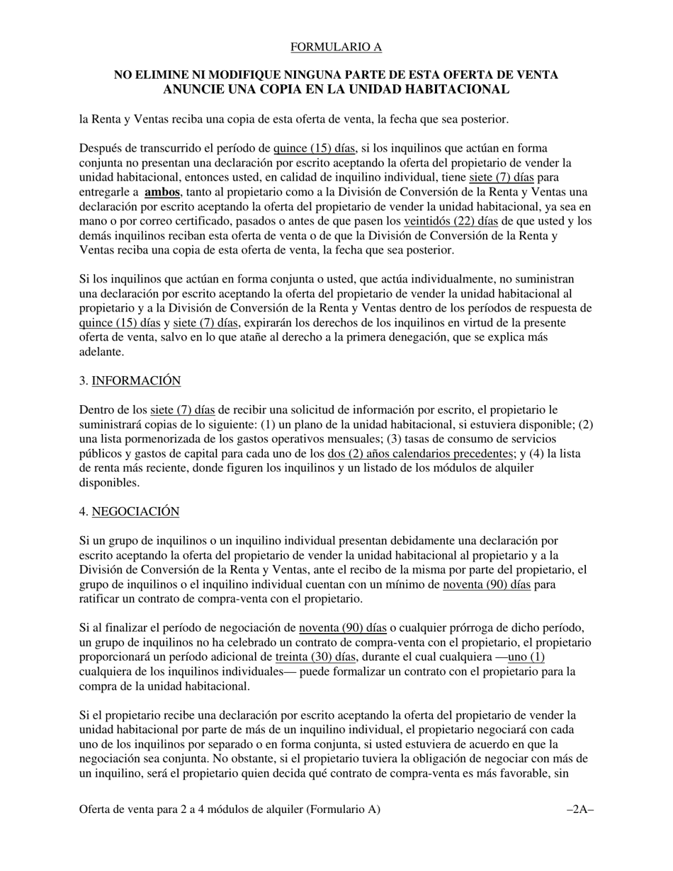 Formulario A Oferta De Venta Y Oportunidad De Compra Para El Inquilino Con Un Contrato De Compra-Venta De Terceros Para Unidades Habitacionales Con Dos (2), Tres (3) O Cuatro (4) Modulos De Alquiler - Washington, D.C. (Spanish), Page 5