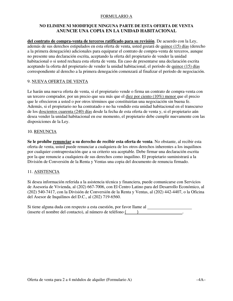 Formulario A Oferta De Venta Y Oportunidad De Compra Para El Inquilino Con Un Contrato De Compra-Venta De Terceros Para Unidades Habitacionales Con Dos (2), Tres (3) O Cuatro (4) Modulos De Alquiler - Washington, D.C. (Spanish), Page 7