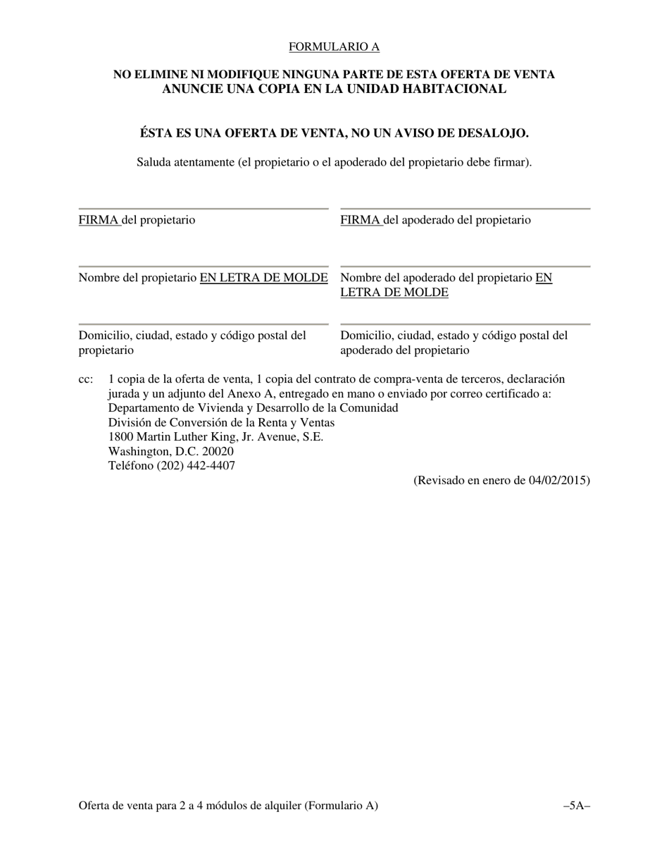 Formulario A Oferta De Venta Y Oportunidad De Compra Para El Inquilino Con Un Contrato De Compra-Venta De Terceros Para Unidades Habitacionales Con Dos (2), Tres (3) O Cuatro (4) Modulos De Alquiler - Washington, D.C. (Spanish), Page 8