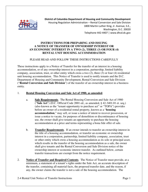 Notice of Transfer of Ownership Interest or an Economic Interest in a Two (2), Three (3) or Four (4) Rental Unit Housing Accommodation - Washington, D.C. Download Pdf
