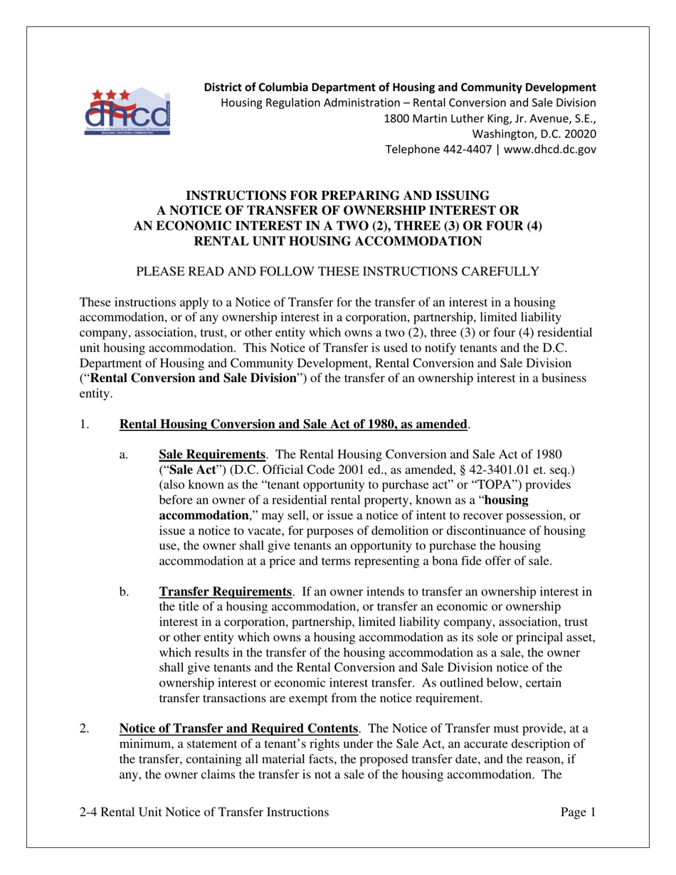 Notice of Transfer of Ownership Interest or an Economic Interest in a Two (2), Three (3) or Four (4) Rental Unit Housing Accommodation - Washington, D.C., Page 1