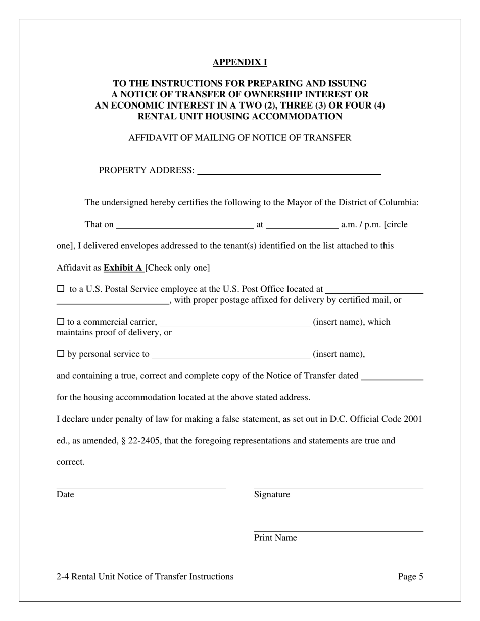 Notice of Transfer of Ownership Interest or an Economic Interest in a Two (2), Three (3) or Four (4) Rental Unit Housing Accommodation - Washington, D.C., Page 5