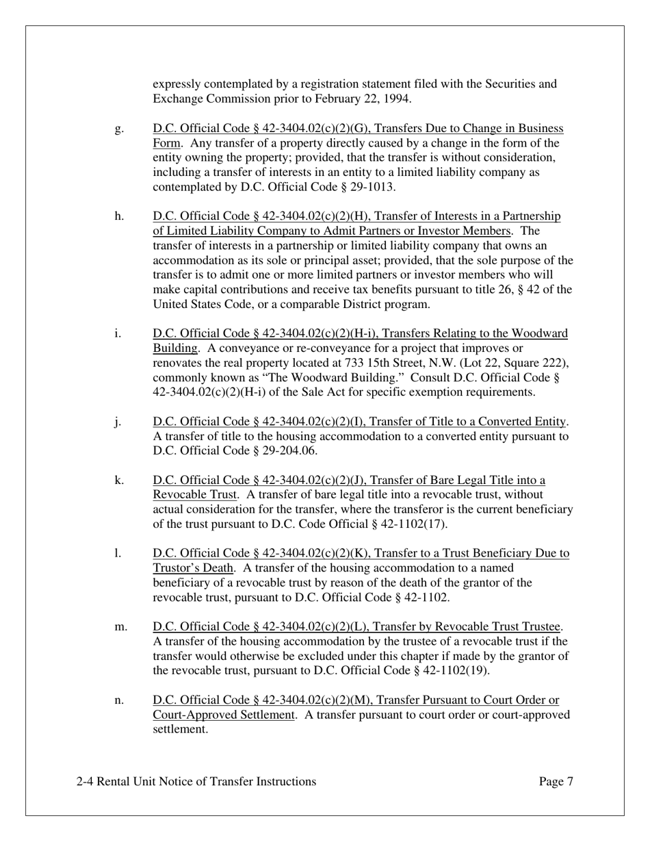Notice of Transfer of Ownership Interest or an Economic Interest in a Two (2), Three (3) or Four (4) Rental Unit Housing Accommodation - Washington, D.C., Page 7