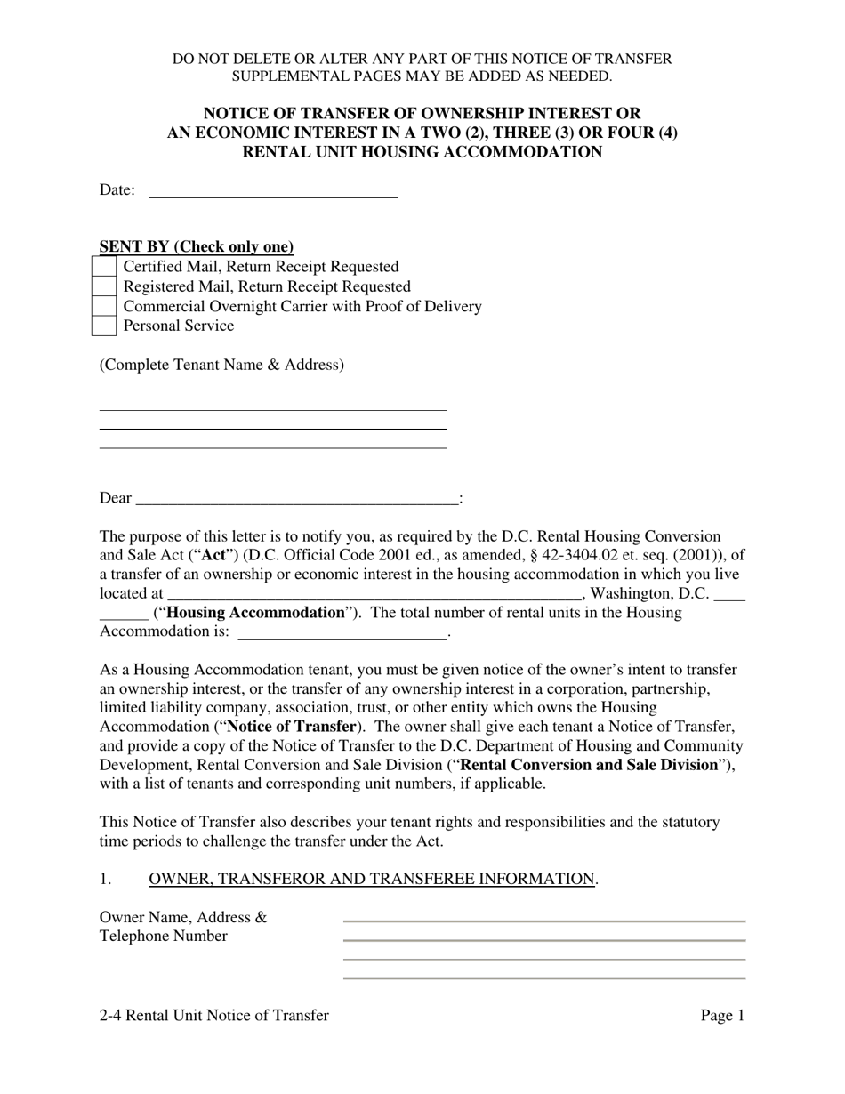 Notice of Transfer of Ownership Interest or an Economic Interest in a Two (2), Three (3) or Four (4) Rental Unit Housing Accommodation - Washington, D.C., Page 9