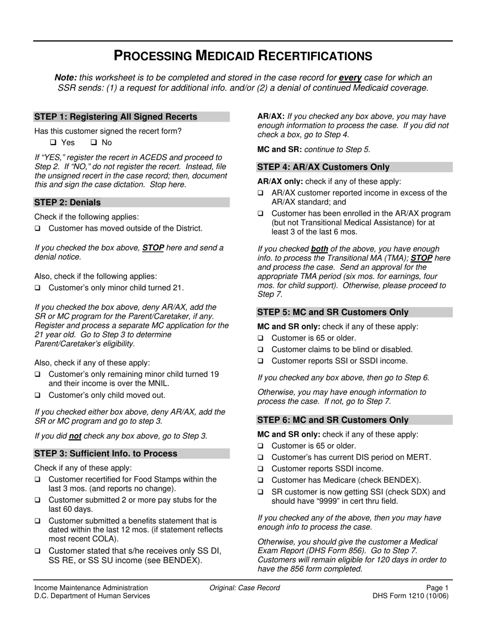 DHS Form 1210 Processing Medicaid Recertifications - Washington, D.C., Page 1