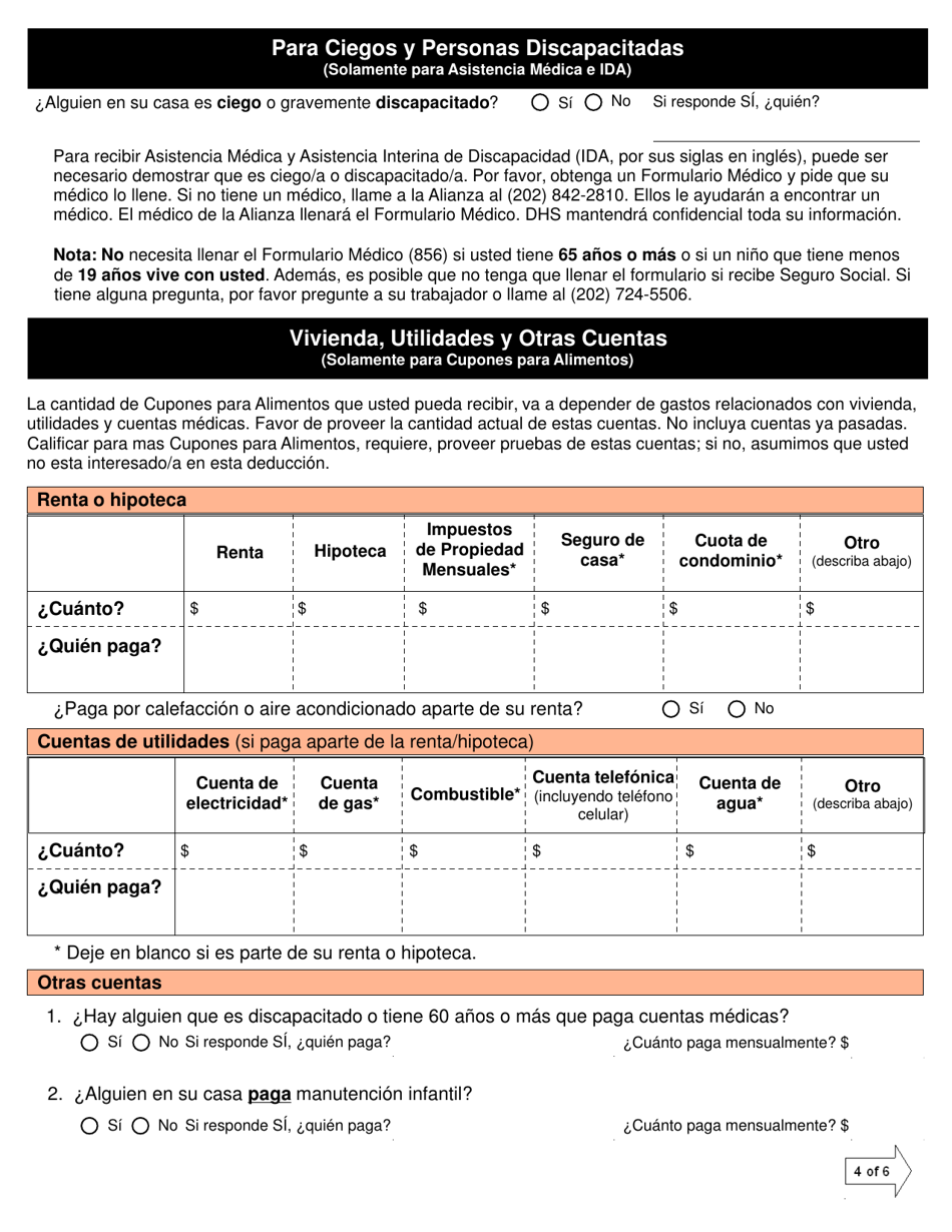 Solicitud Conjunta Para Asistencia Medica Cupones Para Alimentos Asistencia En Efectivo - Washington, D.C. (Spanish), Page 6