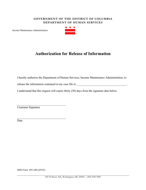 DHS Form 495-ARI Authorization for Release of Information - Washington, D.C.