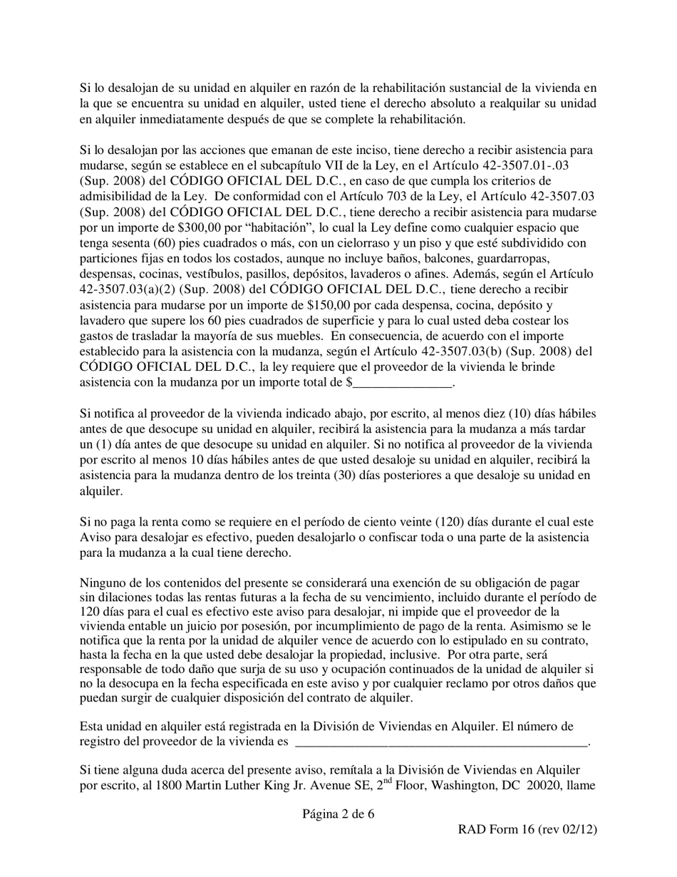 RAD Formulario 16 Aviso Para Desalojar En 120 Dias Por Rehabilitacion Sustancial - Washington, D.C. (Spanish), Page 2