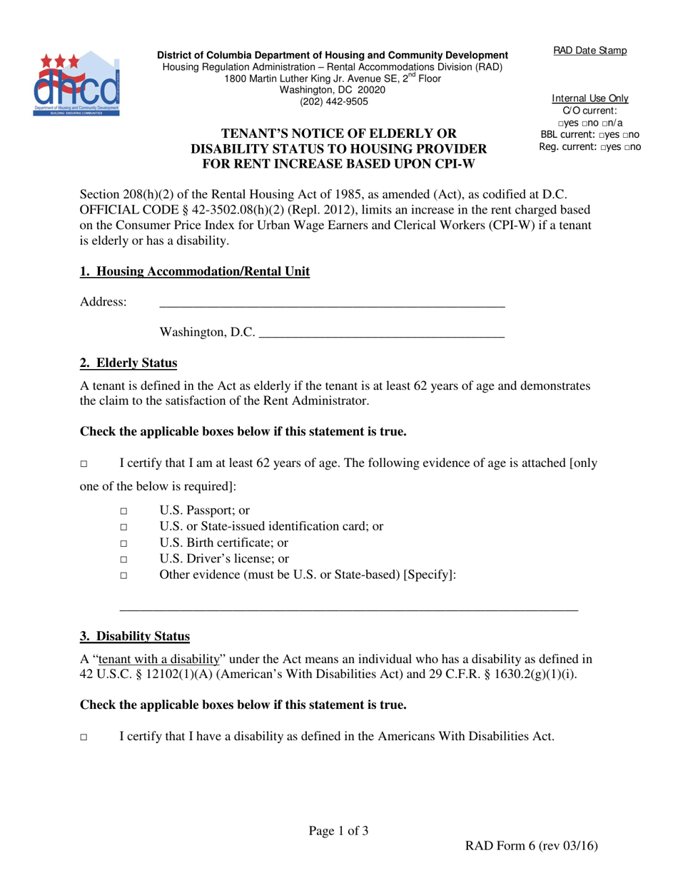 RAD Form 6 Tenants Notice of Elderly or Disability Status to Housing Provider for Rent Increase Based Upon Cpi-W - Washington, D.C., Page 1