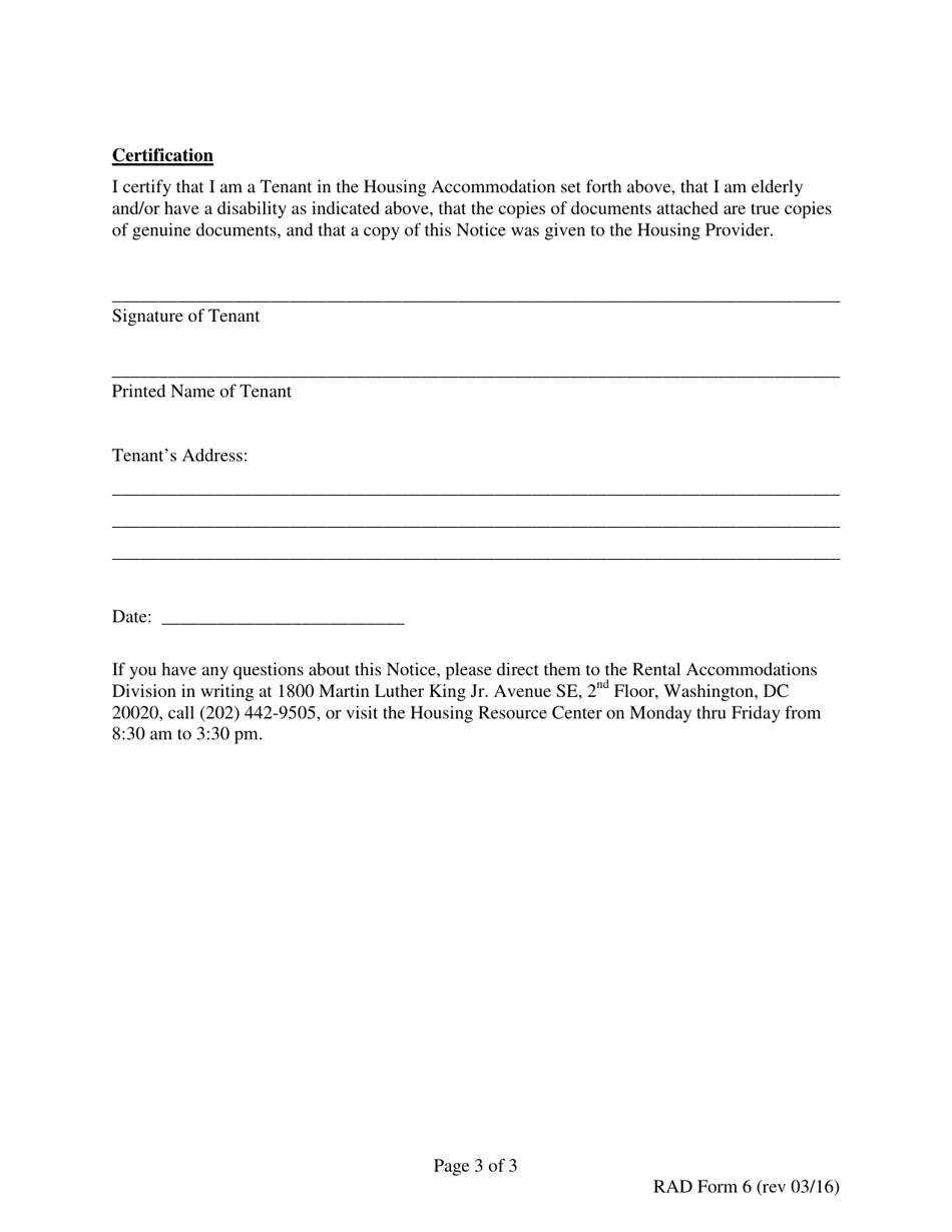 RAD Form 6 Tenants Notice of Elderly or Disability Status to Housing Provider for Rent Increase Based Upon Cpi-W - Washington, D.C., Page 3