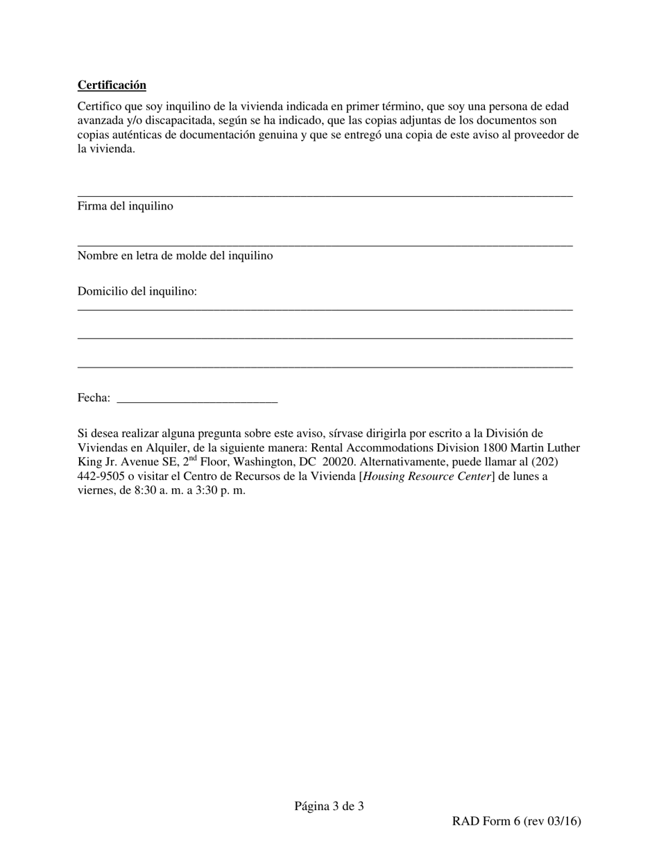 RAD Formulario 6 Aviso Del Inquilino Sobre Condicion De Edad Avanzada O Discapacidad Al Proveedor De La Vivienda, Por El Aumento En La Renta Basandose En Cpi-W - Washington, D.C. (Spanish), Page 3