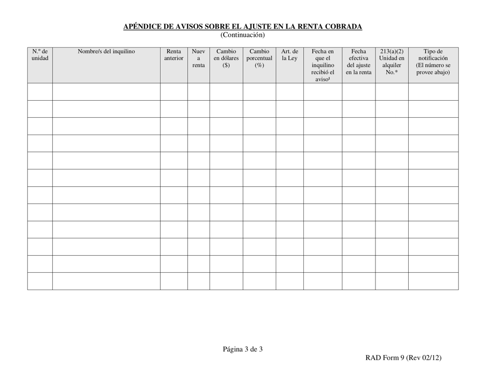 RAD Formulario 9 Certificado De Aviso a La Rad De Ajustes En La Renta Cobrada - Washington, D.C. (Spanish), Page 3